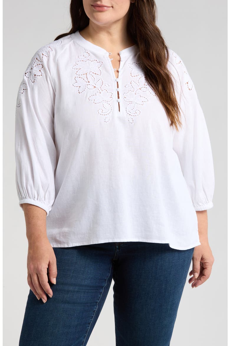 Embroidered Cutwork Split Neck Linen Blend Popover Top, Main, color, WHITE