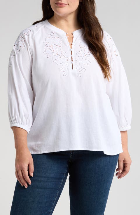 Embroidered Cutwork Split Neck Linen Blend Popover Top (Plus)