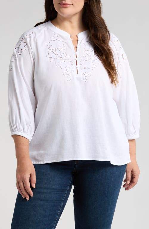 Caslonr Caslon(r) Embroidered Cutwork Split Neck Linen Blend Popover Top In White