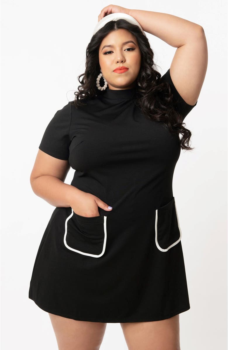 Unique Vintage Plus Size Mock Neck Short Sleeve Wave Maker Shift Dress, Main, color, Black