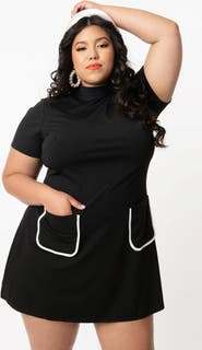 Unique Vintage Plus Size Mock Neck Short Sleeve Wave Maker Shift Dress