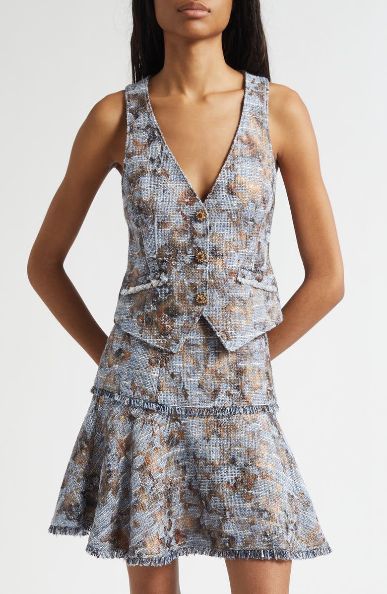 Cinq à Sept Metallic Floral Print Tweed Vest, Main, color, Silver Multi