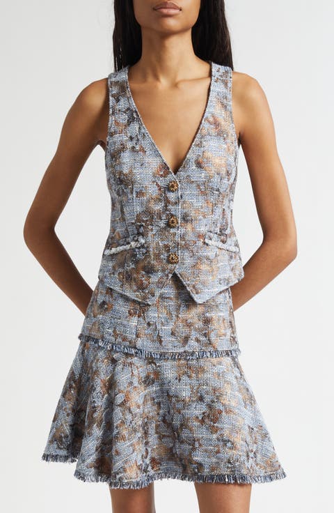 Metallic Floral Print Tweed Vest