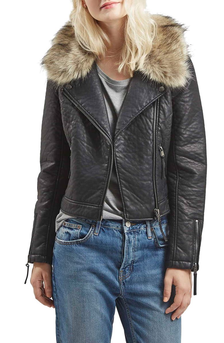 Topshop Faux Leather Moto Jacket with Removable Faux Fur Collar, Main, color, 