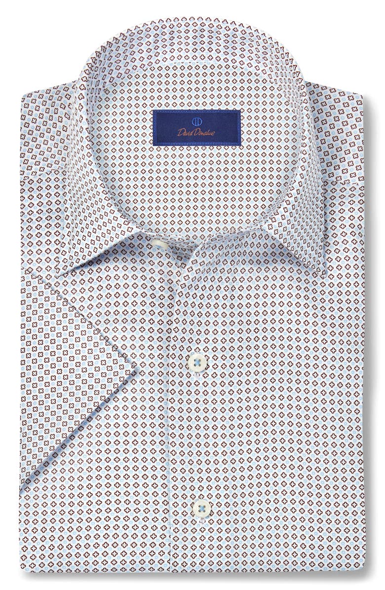 David Donahue Micro Print Lyocell Short Sleeve Shirt, Main, color, White/ Chocolate
