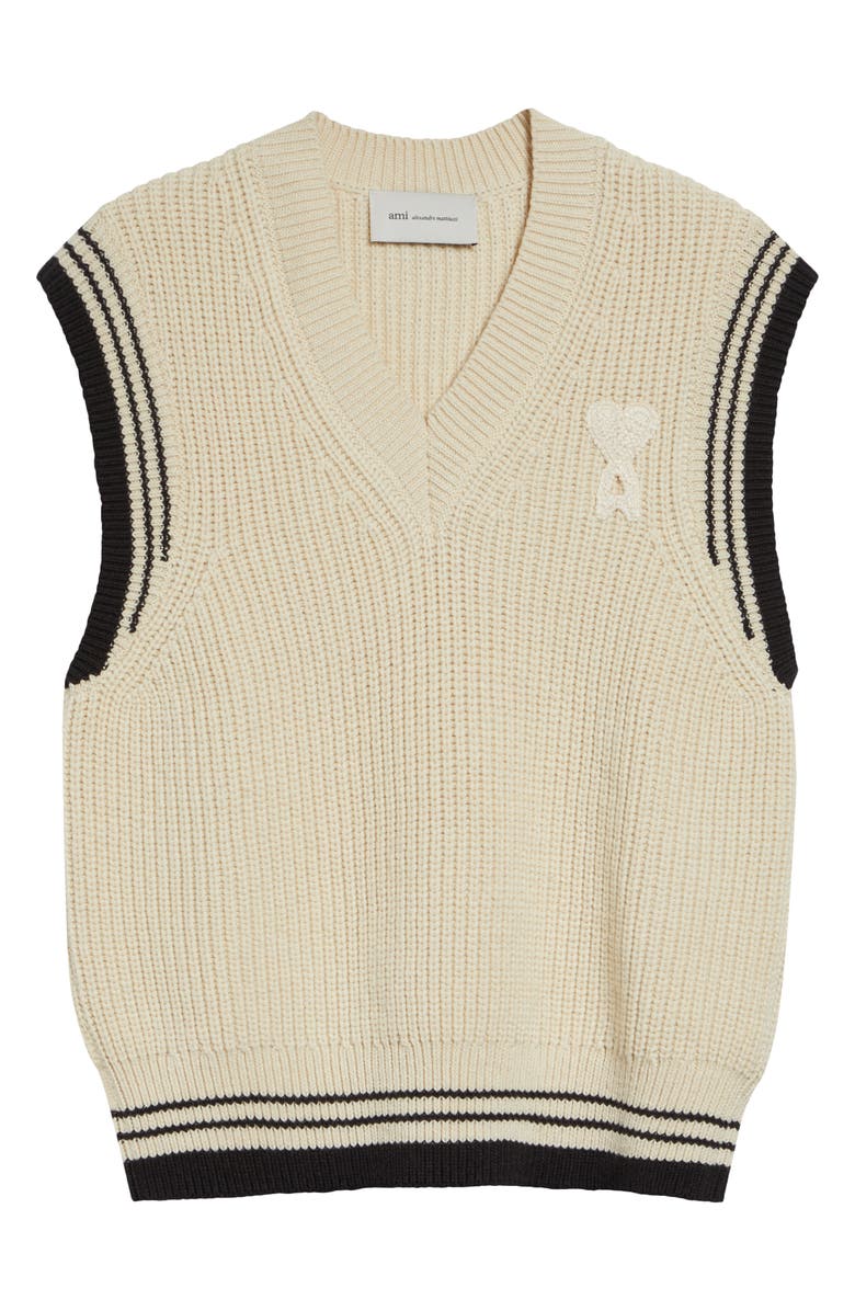 AMI PARIS Ami de Coeur Rib Wool & Cotton V-Neck Sweater Vest, Alternate, color, Blanc Creme