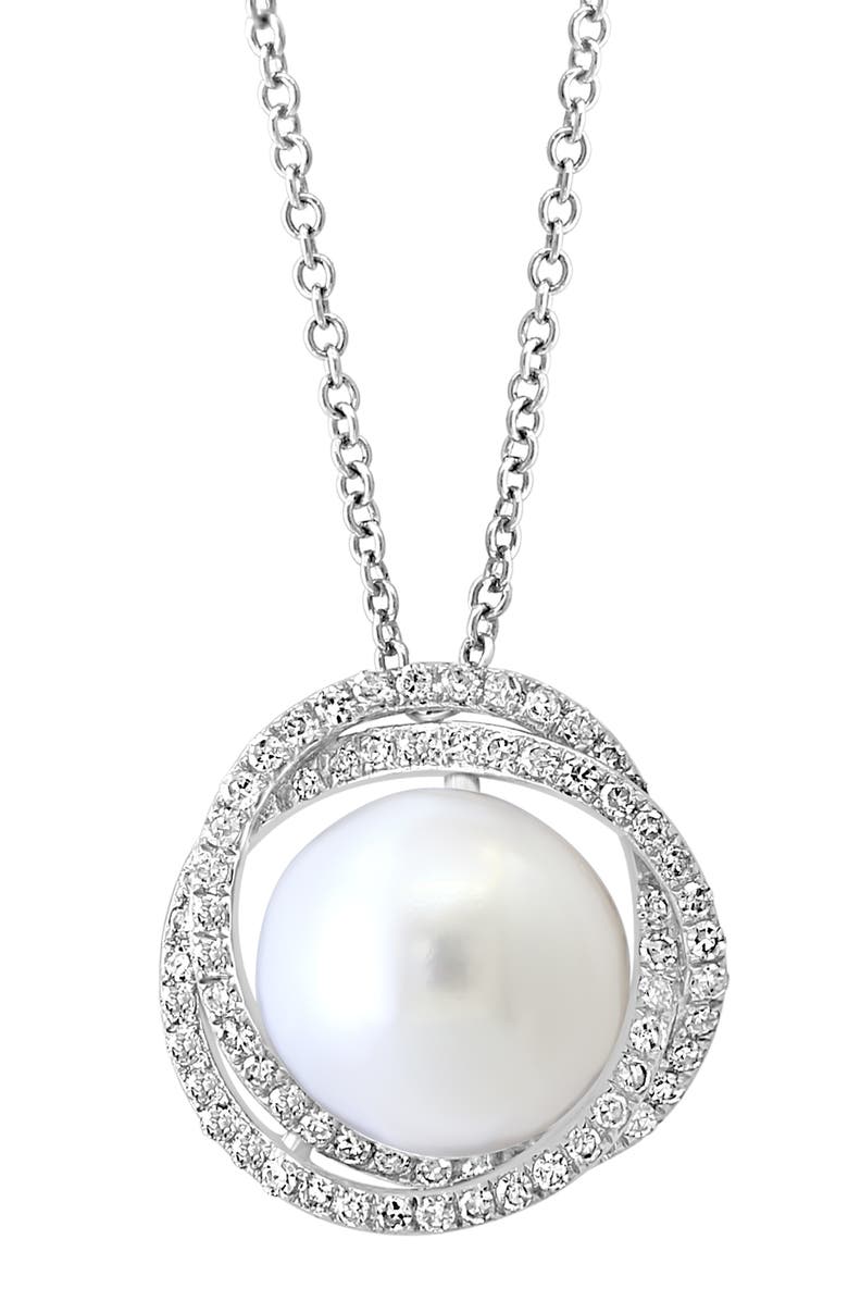 EFFY 14K White Gold 10mm Freshwater Pearl & Diamond Halo Pendant Necklace - 0.34ct., Main, color, 