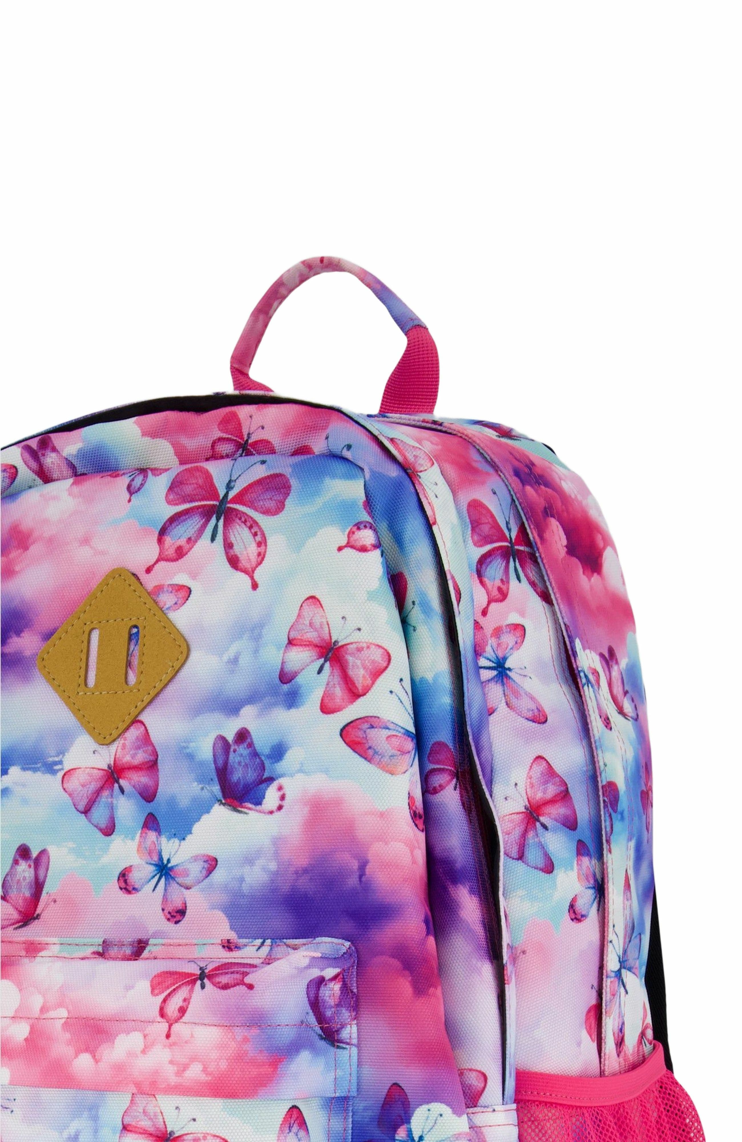 Deux par Deux Girl's Backpack Butterflies On Multicolored And Vibrant Pink Background, Alternate, color, 