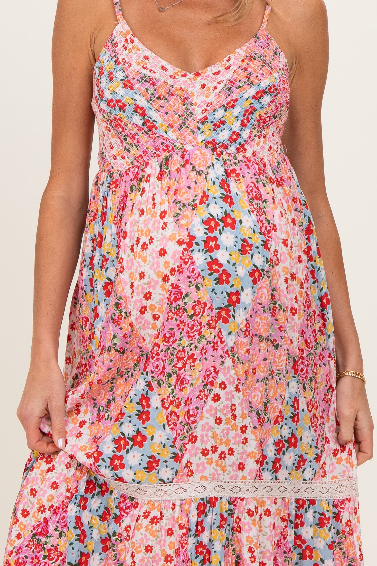 Smocked Bust V Neck Lace Trim Maxi Dress - image 2