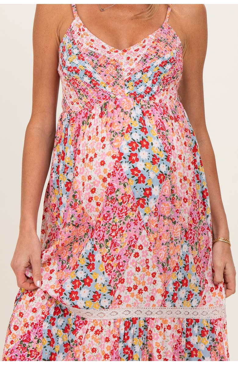 PinkBlush Smocked Bust V Neck Lace Trim Maxi Dress, Alternate, color, Pink