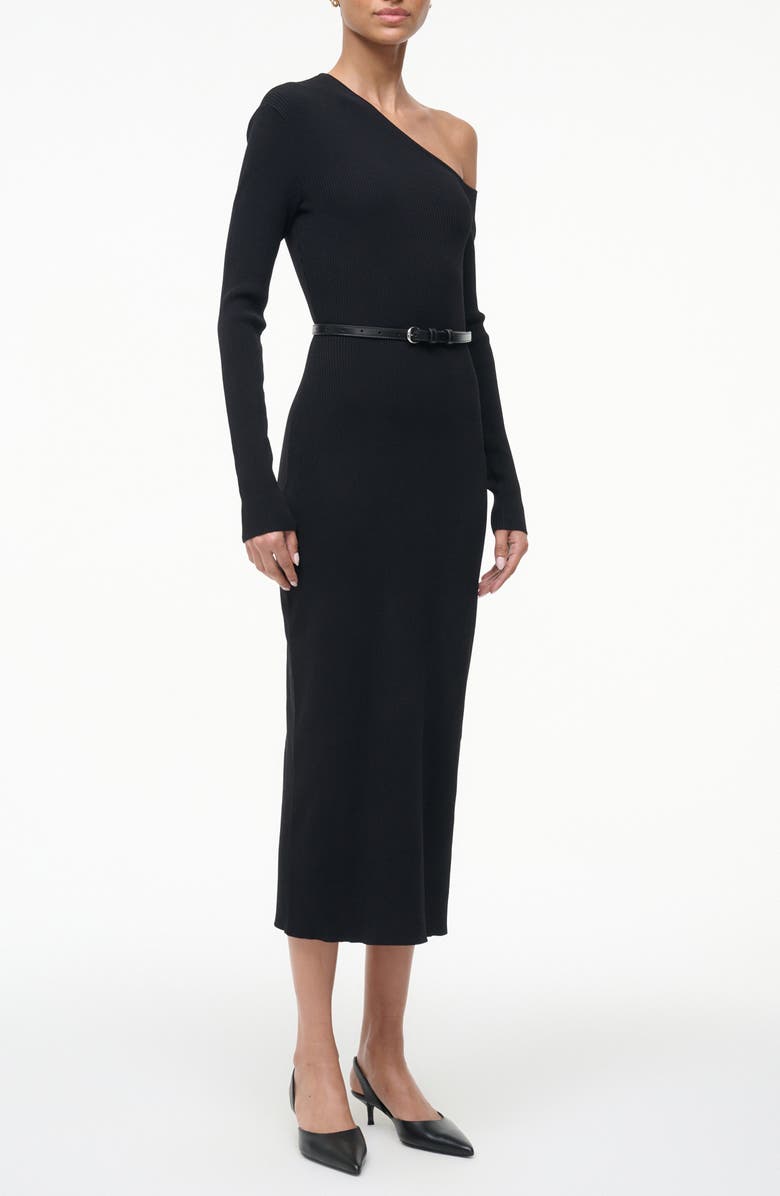 STAUD Lois One-Shoulder Long Sleeve Rib Dress, Alternate, color, Black