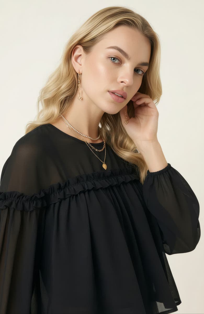 Modenaire Sheer Long Sleeve Blouse with Ruffled Trim and Flowing Silhouette, Alternate, color, Black