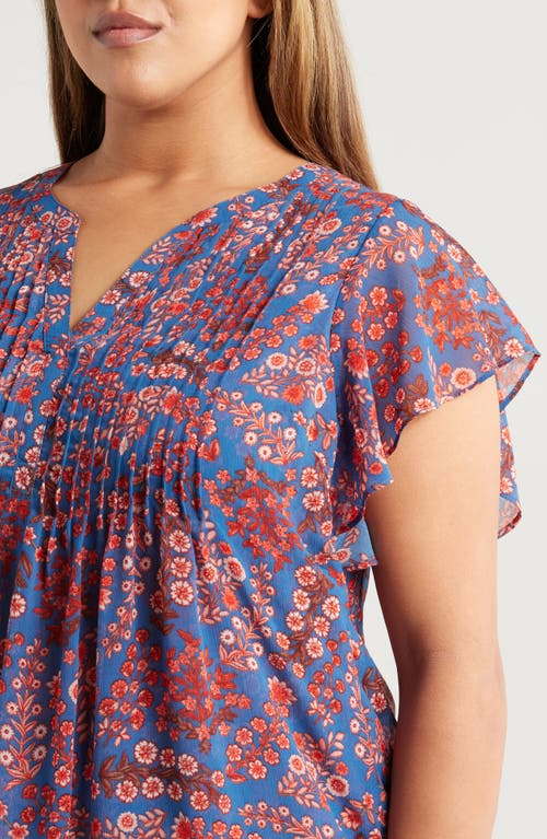Liverpool Los Angeles Floral Print Pintuck Flutter Sleeve Top In Blue Pink Floral