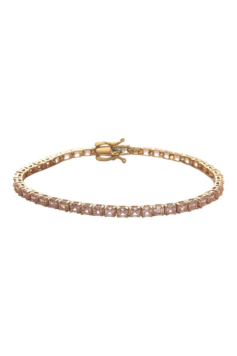 14K Rose Gold Plated Sterling Silver Asscher Cut Pink Cubic Zirconia Tennis Bracelet, Main, color, PINK