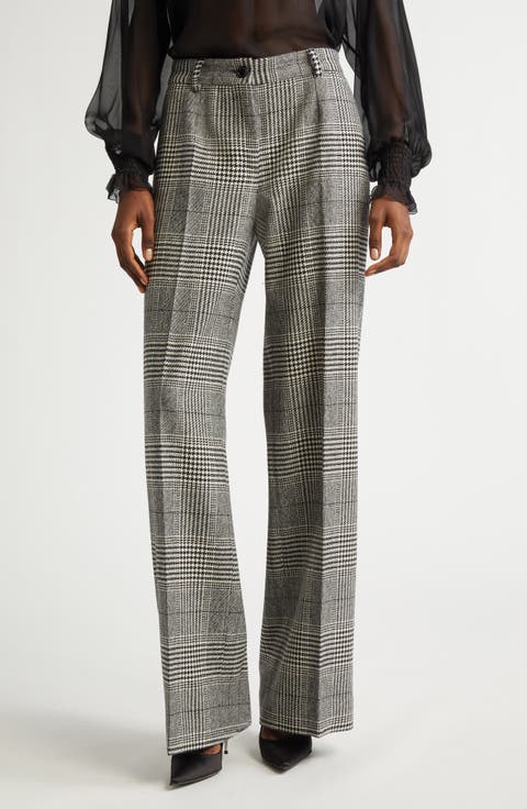 Houndstooth Check Wool & Cashmere Wide Leg Trousers