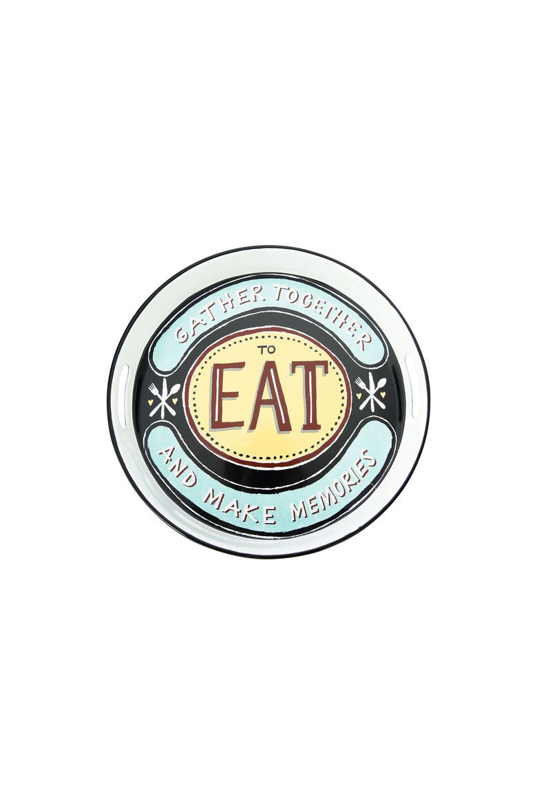 15" Round "Gather Together to Each and Make Memories" Enameled Metal Tray with Cut-out Handles, Main, color, Blue