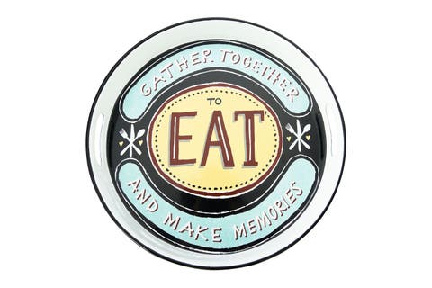 15" Round "Gather Together to Each and Make Memories" Enameled Metal Tray with Cut-out Handles