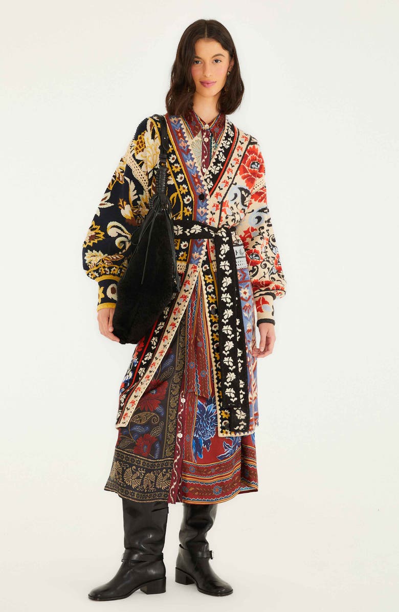 FARM Rio Flower Print Patchwork Belted Cardigan, Alternate, color,