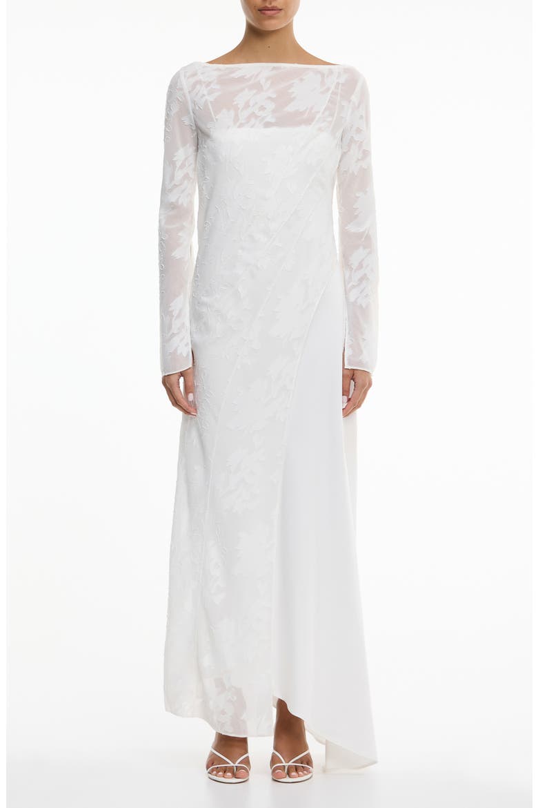 Pola Floral Burnout Sheer Long Sleeve Maxi Cocktail Dress, Main, color, IVORY