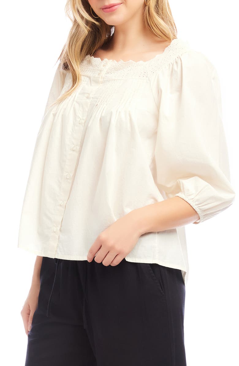 Karen Kane Embroidered Scallop Cotton Button-Up Shirt, Alternate, color, Cream