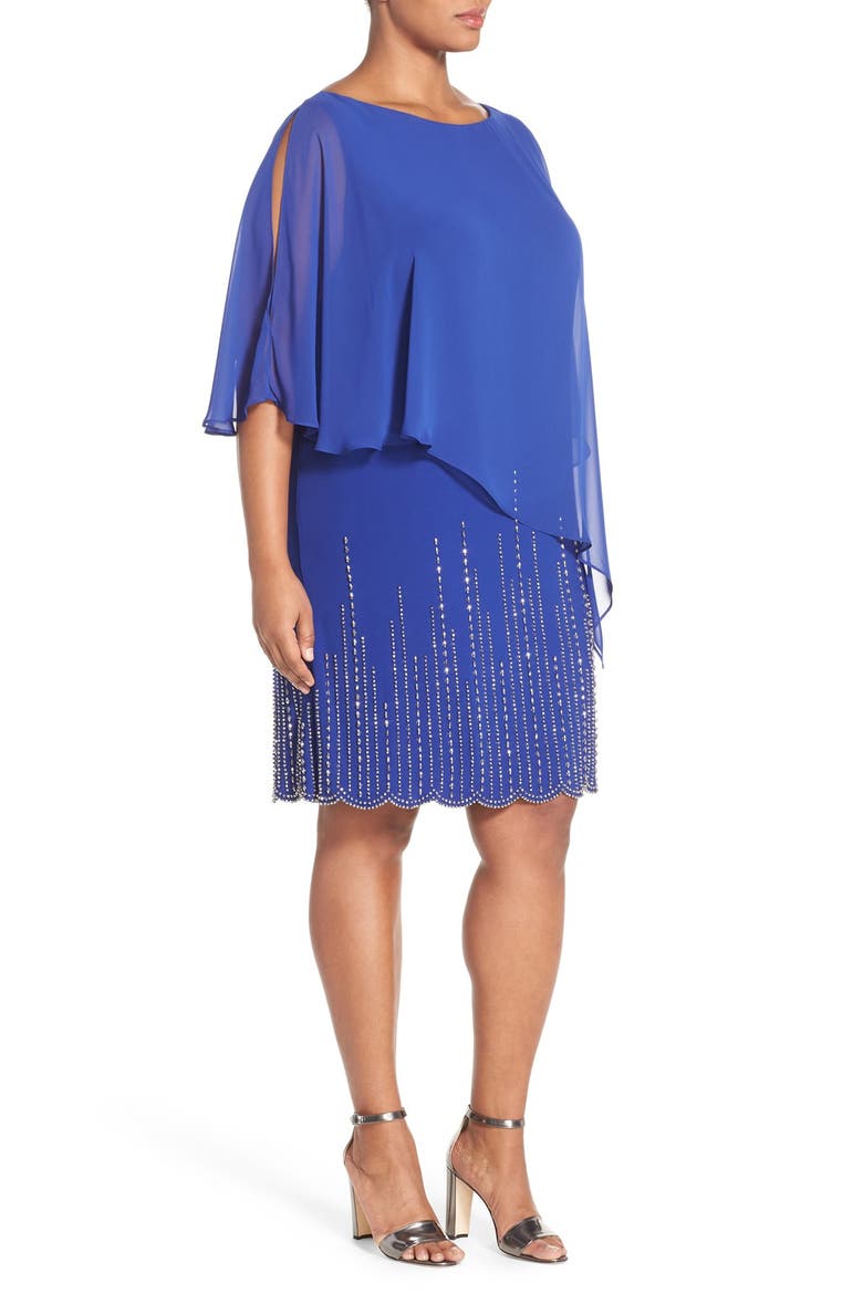 Xscape Chiffon Overlay Beaded Jersey Dress, Alternate, color, ROYAL/ LIGHT GUNMETAL