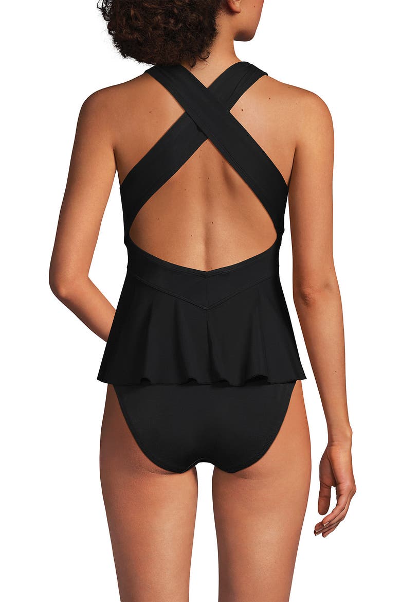 SlenderSuit Plunge Ruched X-Back Ruffle Fauxkini One Piece Swimsuit, Alternate, color, Black