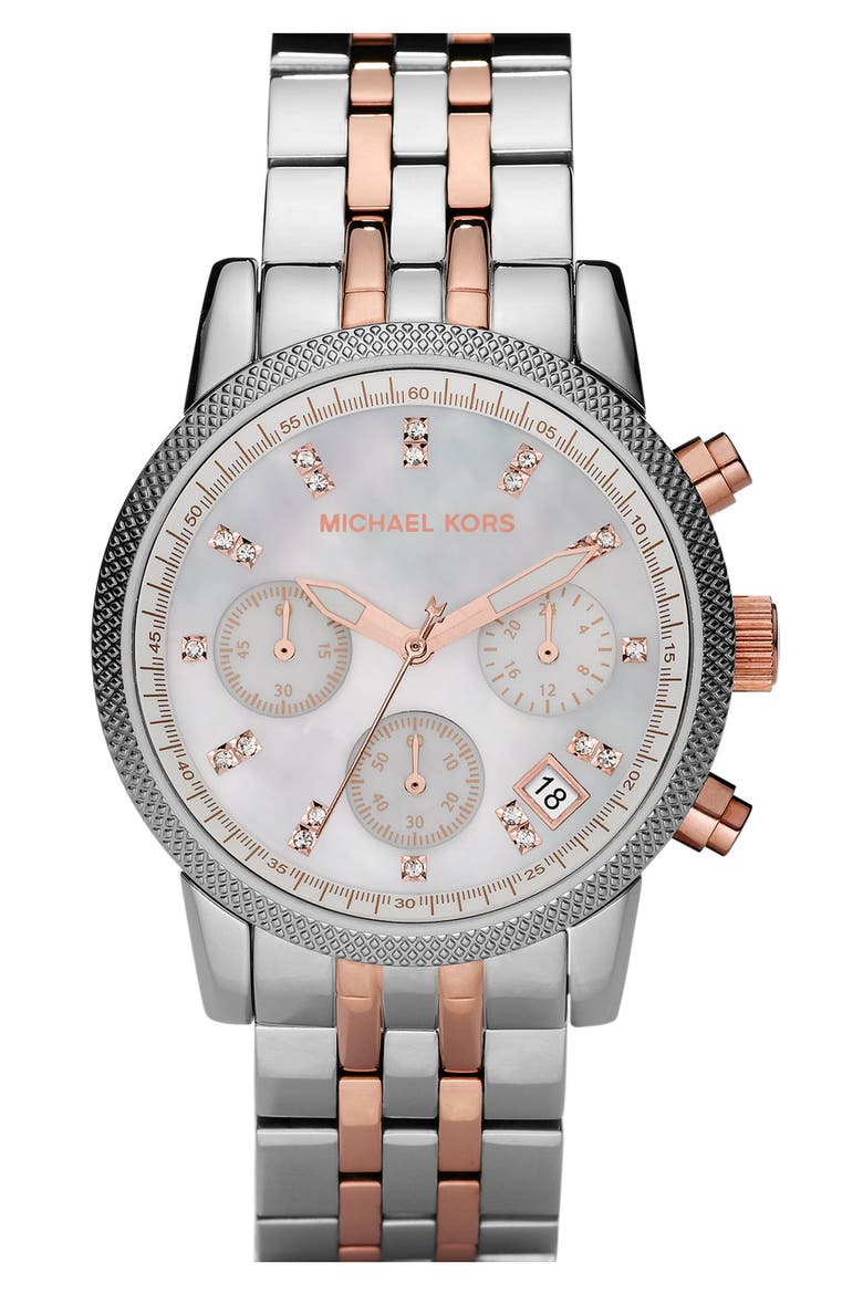 Michael Kors Two Tone Chronograph Bracelet Watch, Main, color, ROSE GOLD/ SILVER