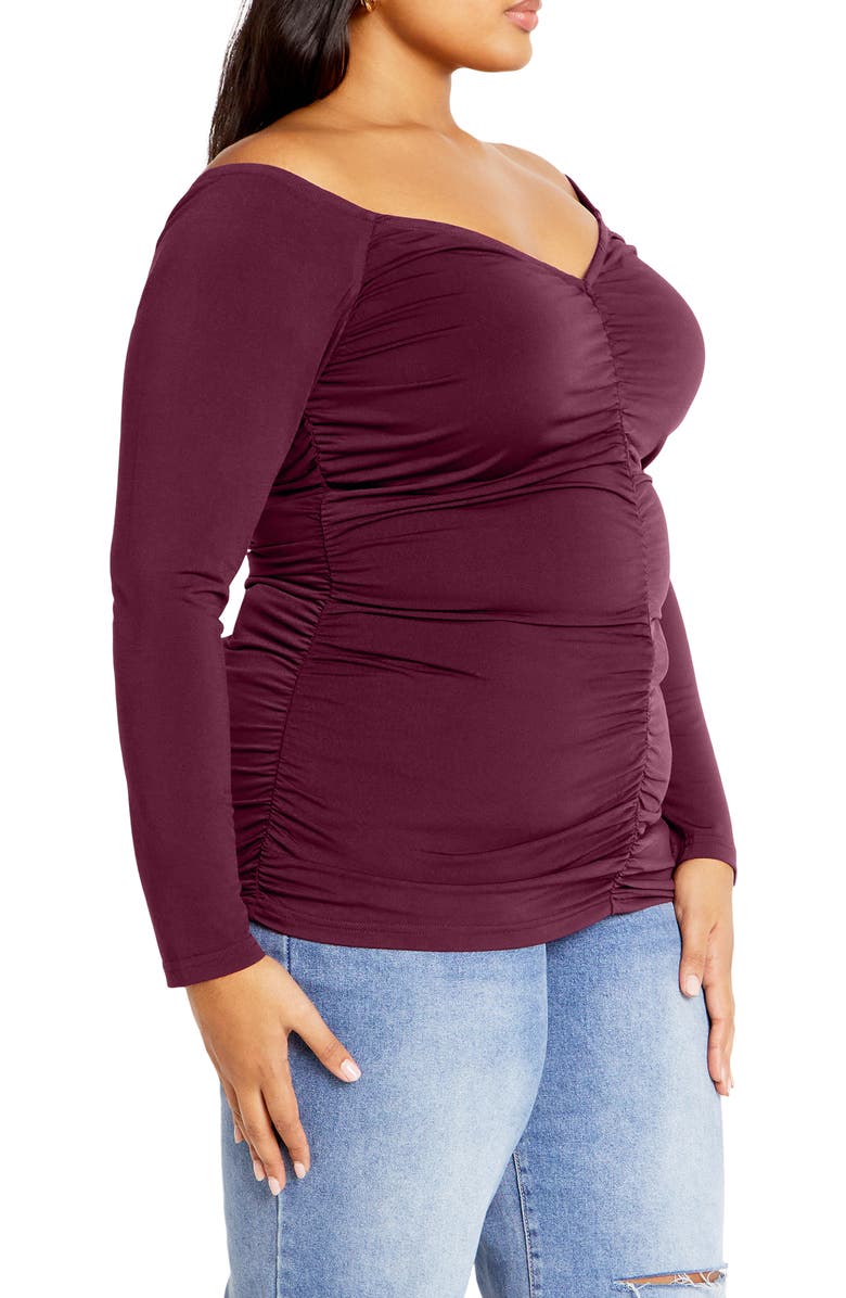 City Chic Sally Ruched Off the Shoulder Top, Alternate, color, Plum