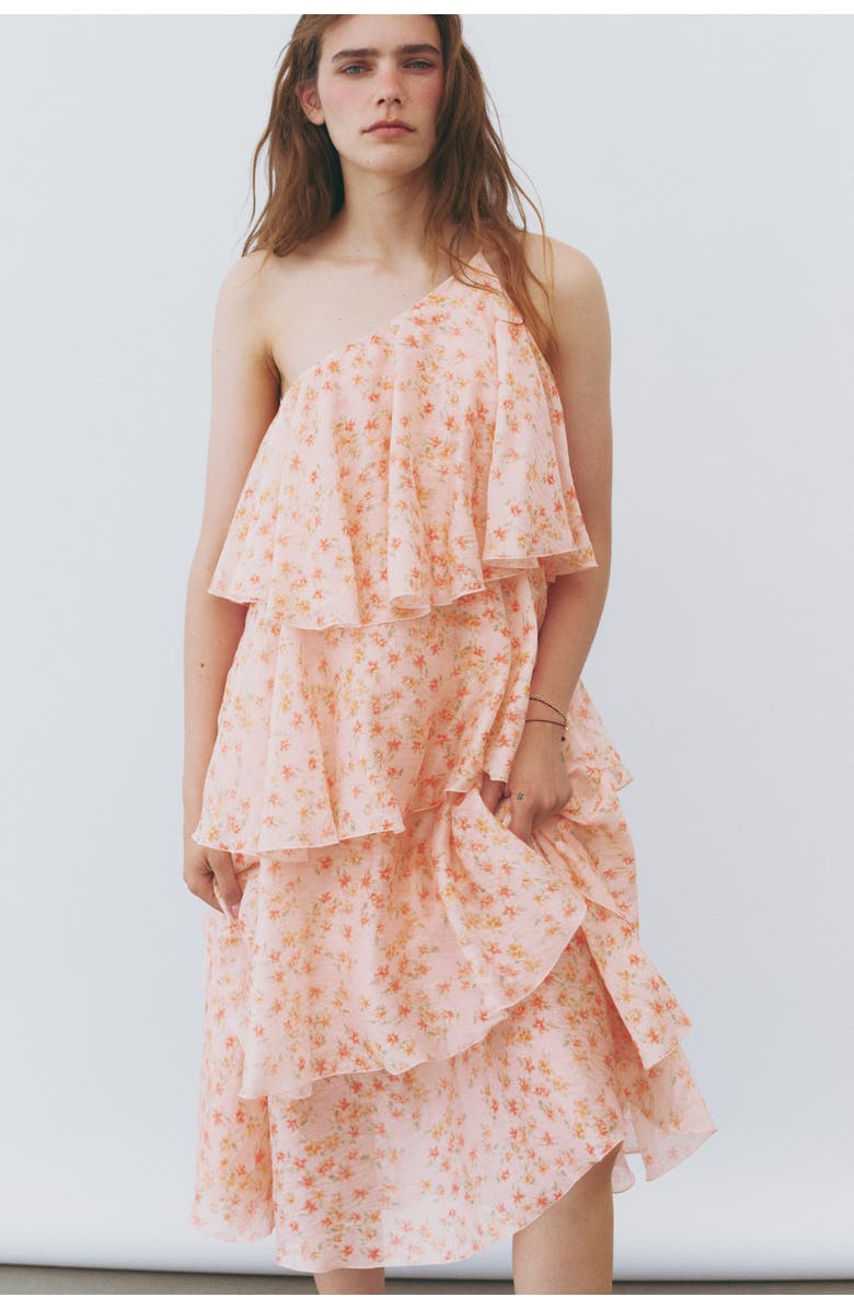 H&M Tiered One-shoulder Linen-blend Dress, Alternate, color, Light Pink/Floral