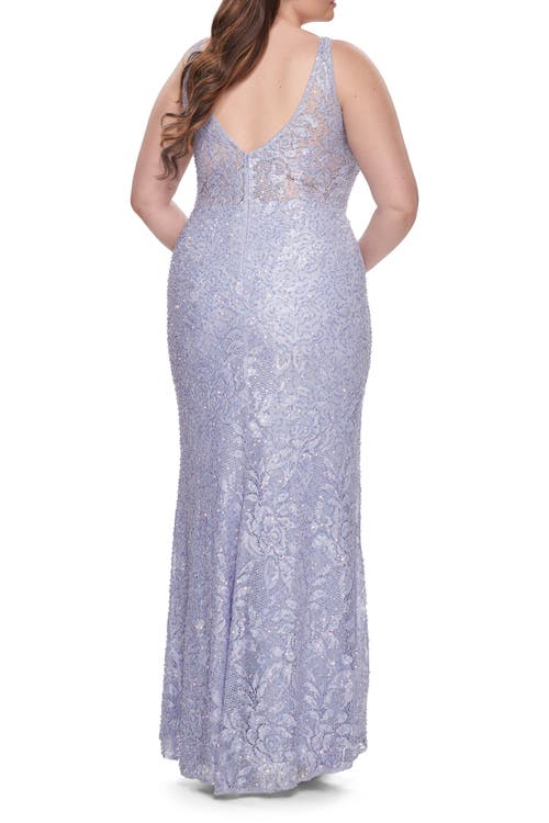 La Femme Fitted Beaded Lace Plus Size Prom Dress With Illusion Waist