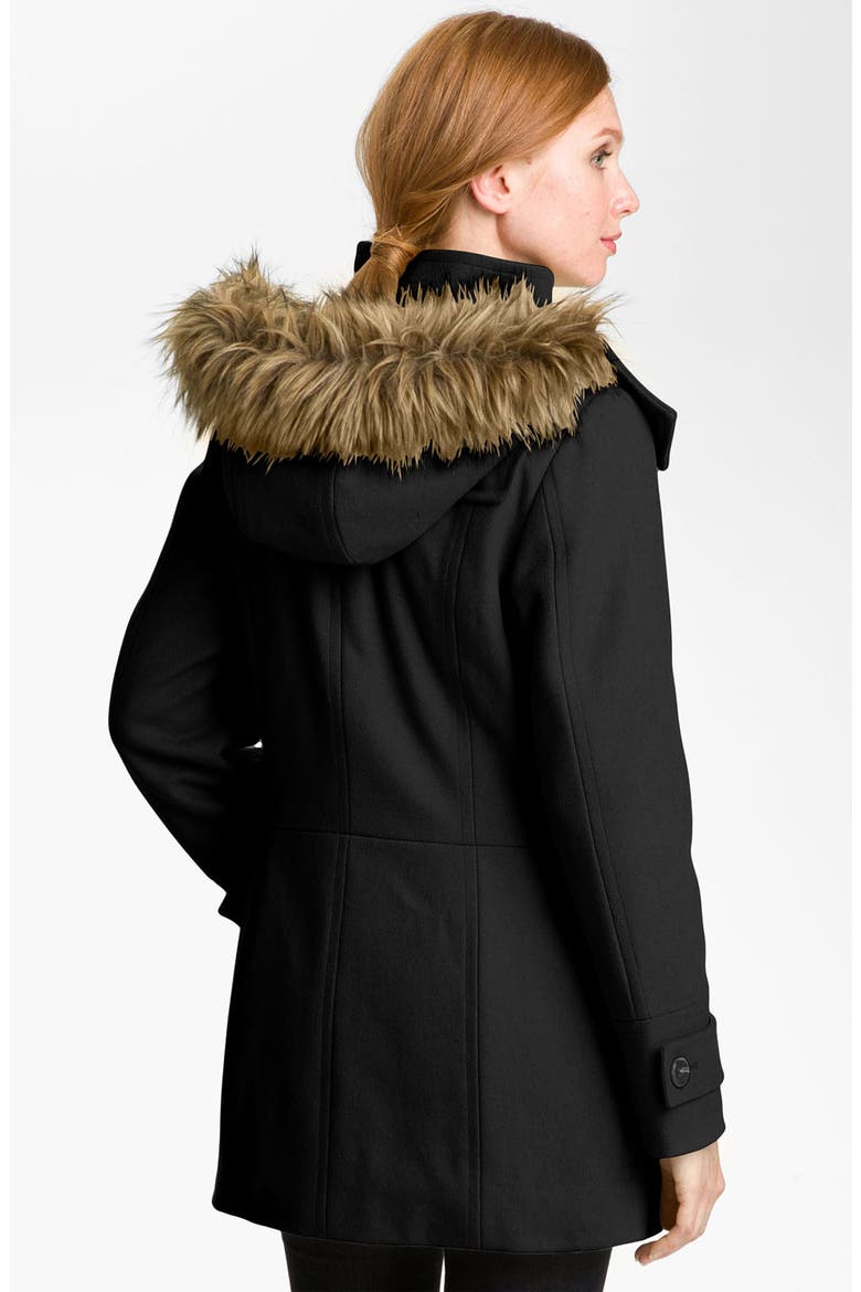 Faux Fur Trim Duffle Coat, Alternate, color, BLACK