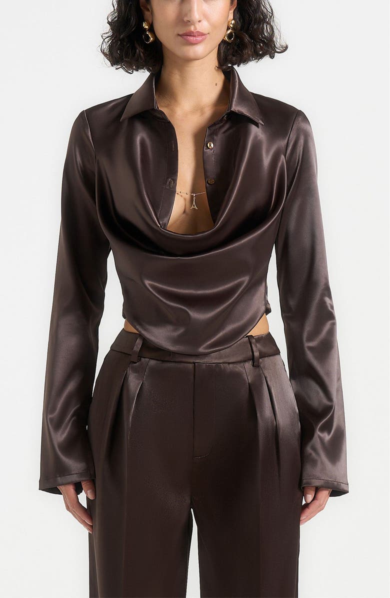 Manière De Voir Satia Satin Cowl Shirt with Chain Detail, Alternate, color, Brown