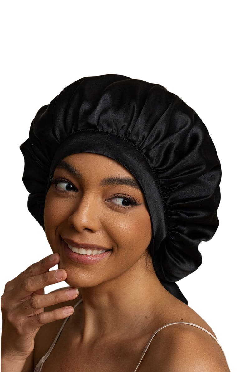 SILKSILKY Women's Mulberry Silk Bonnet with Long Ribbons, Alternate, color, Black