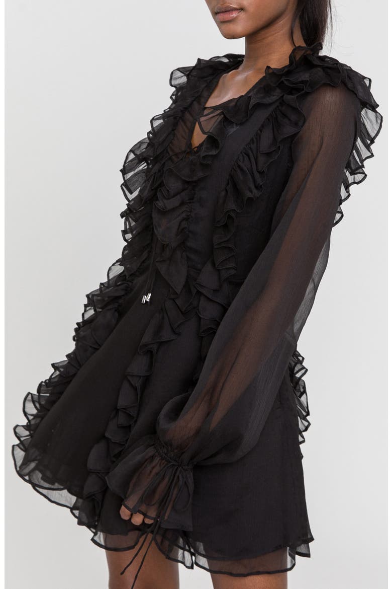 Ruffle Tie Front Long Sleeve Minidress, Alternate, color, BLACK
