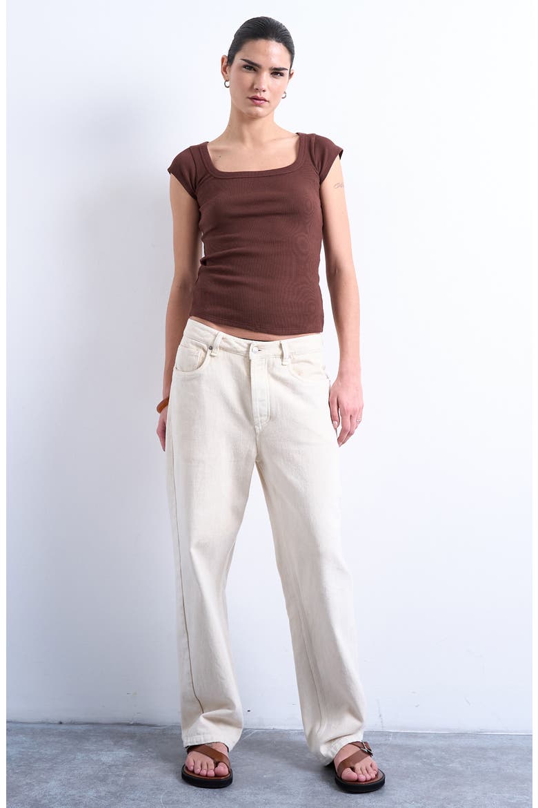 Square Neck Cap Sleeve Stretch Cotton Rib Top, Alternate, color, BROWN