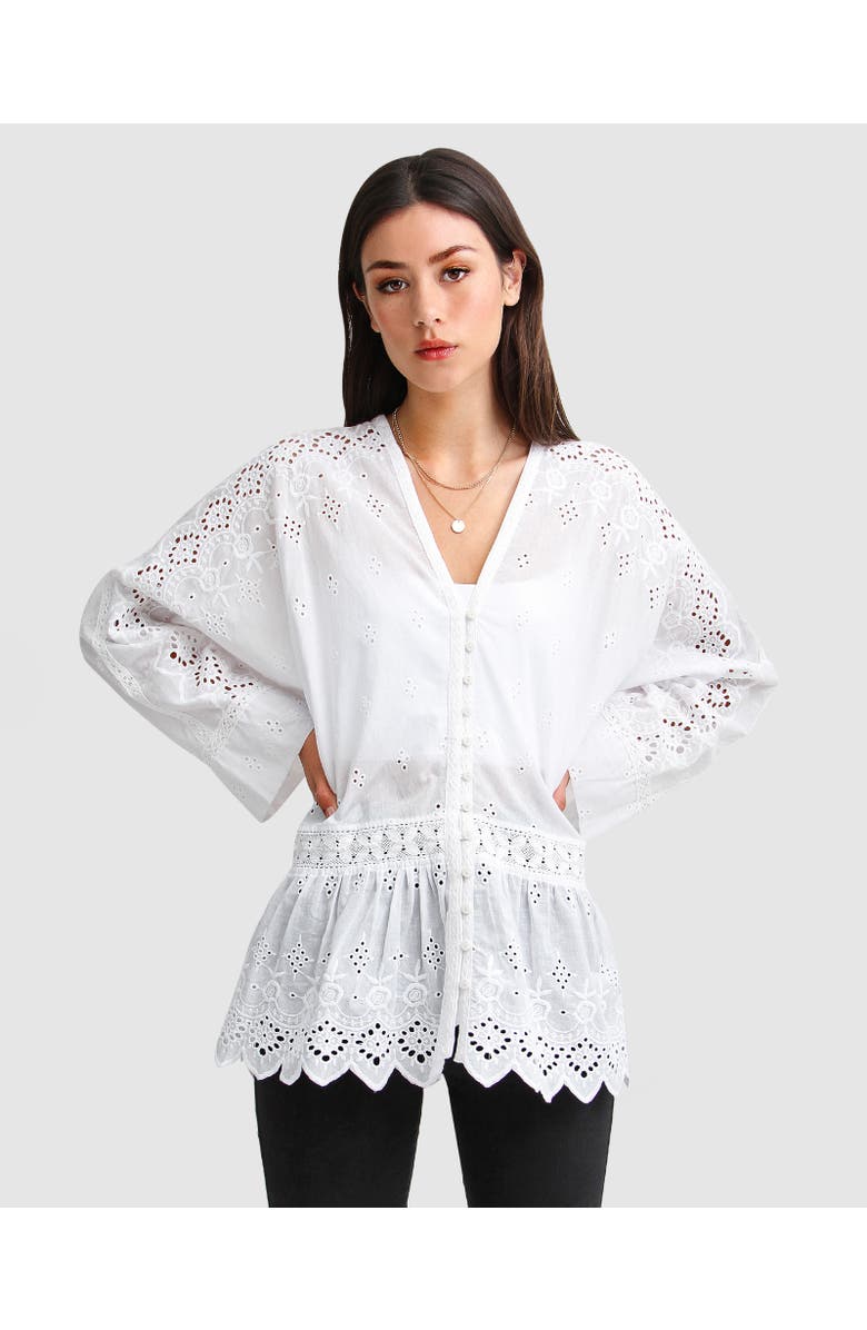 Belle & Bloom Unbutton Me Eyelet Button Down Shirt, Main, color, White