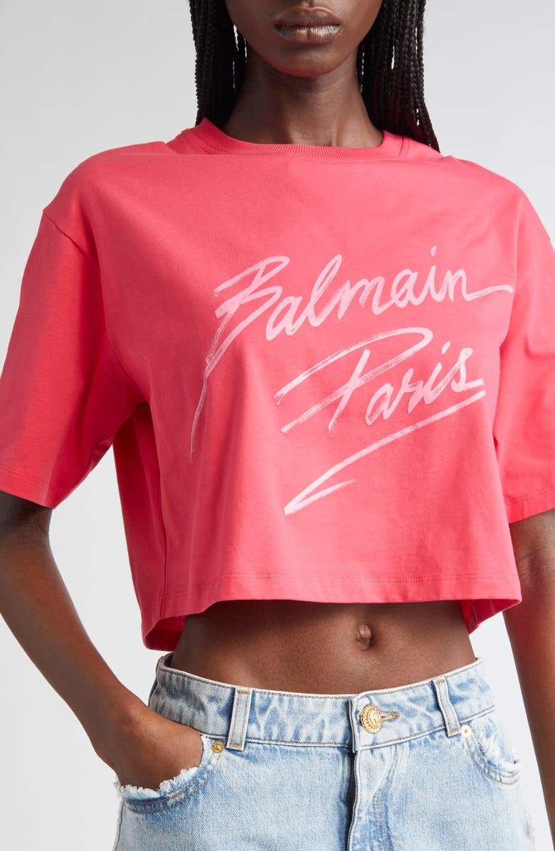Balmain Baseball Logo Crop Graphic T-Shirt, Alternate, color, Fuschia/ Multi
