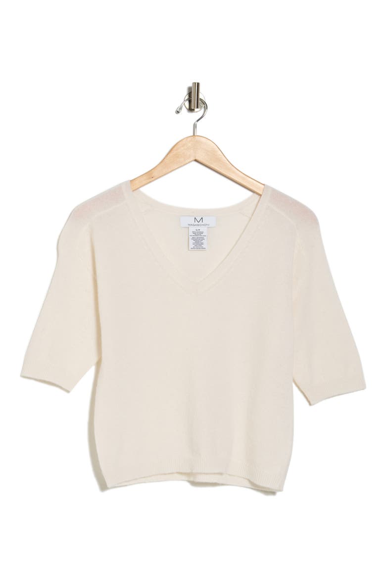 Cashmere V-Neck Elbow Sleeve Sweater, Alternate, color, FROST WHITE