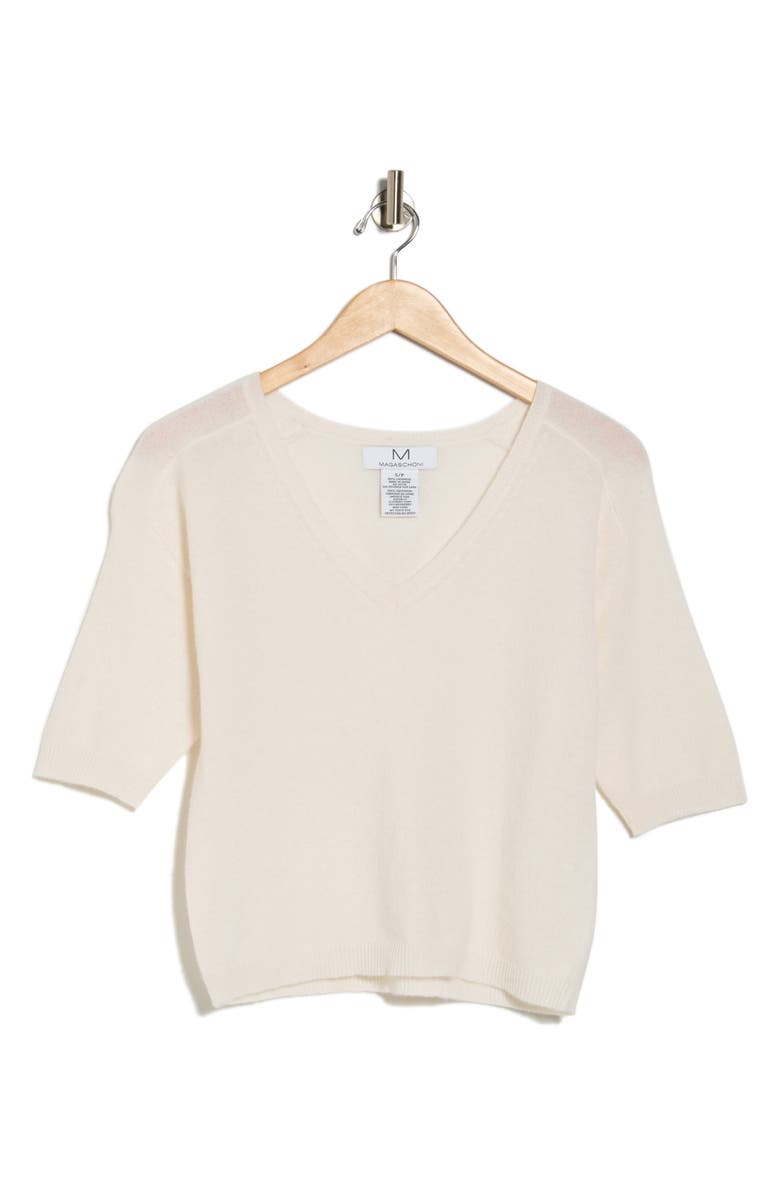 Magaschoni Cashmere V-Neck Elbow Sleeve Sweater, Alternate, color, Frost White