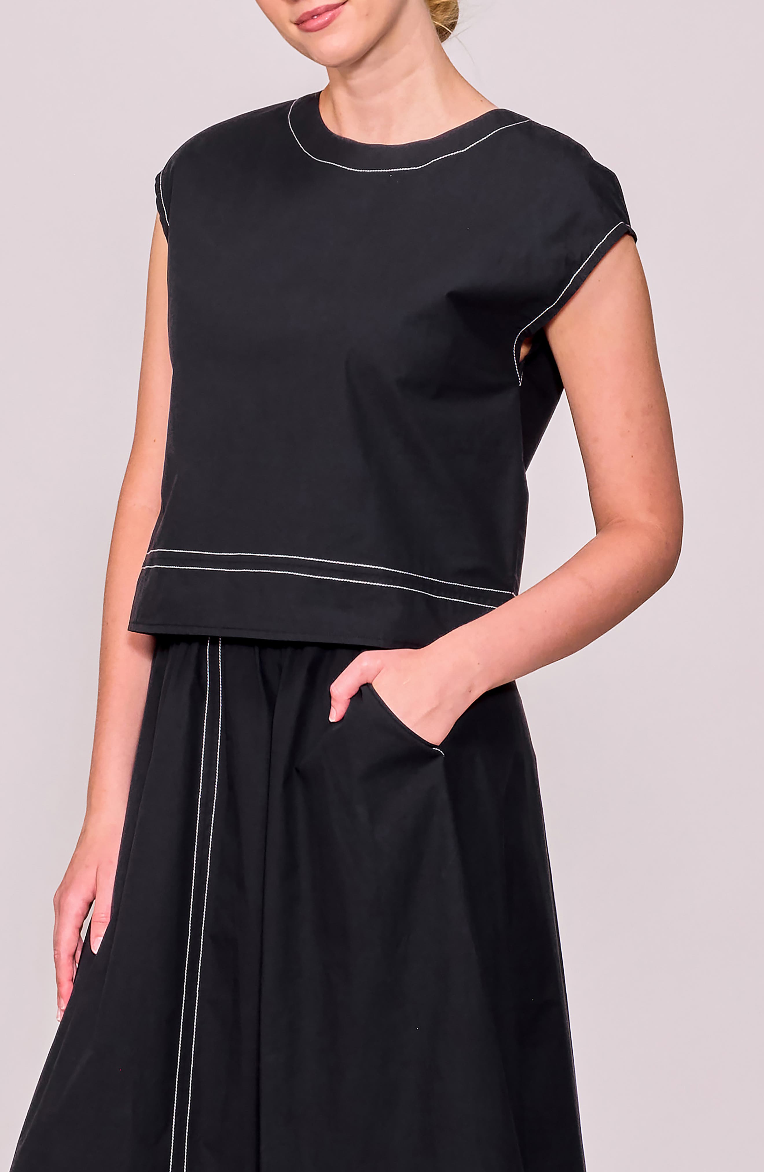 MELLODAY Contrast Stitch Cap Sleeve Poplin Top (Women) | Nordstromrack