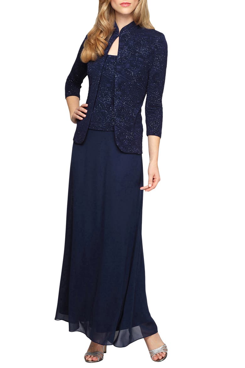 Two-Piece Jacquard Gown with Jacket, Main, color, NAVY