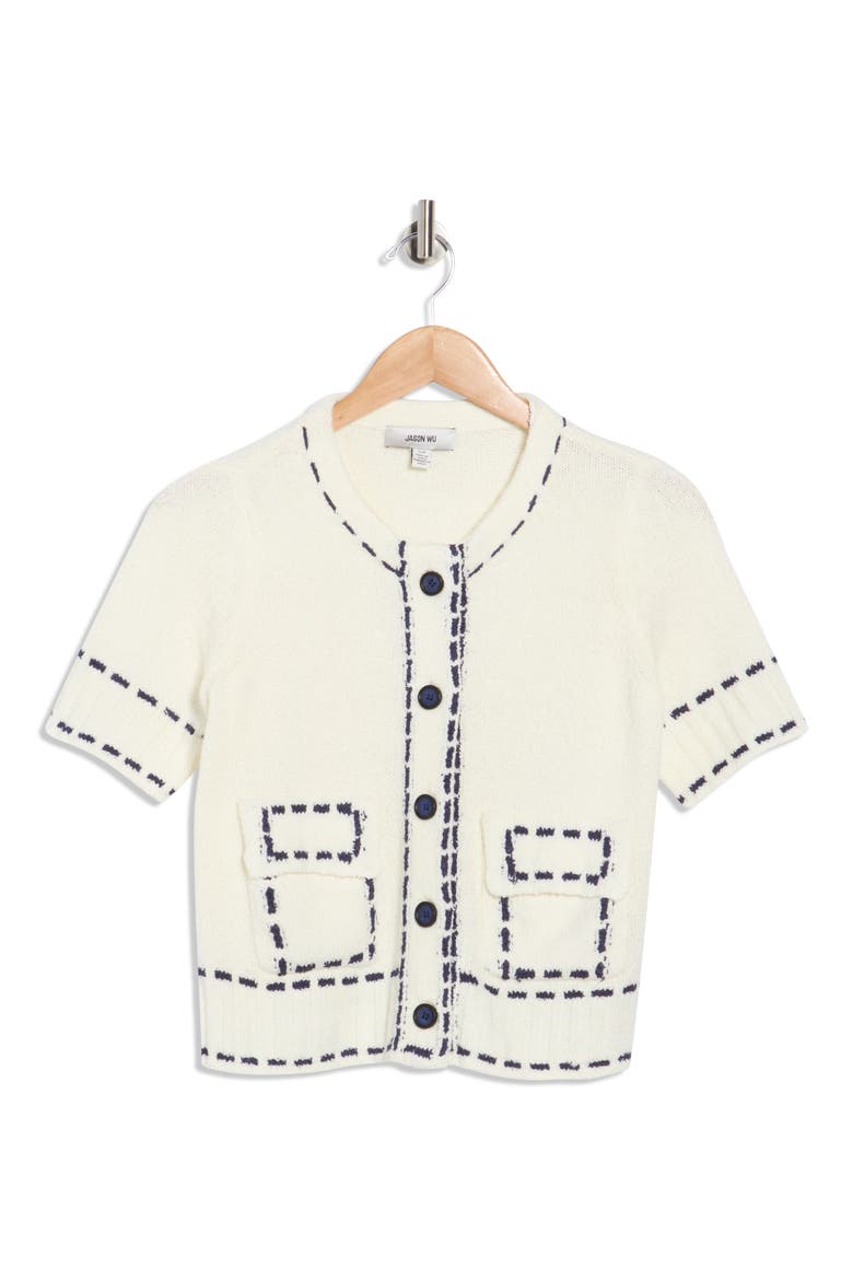 Stitch Detail Short Sleeve Sweater, Alternate, color, IVORY/ INDIGO
