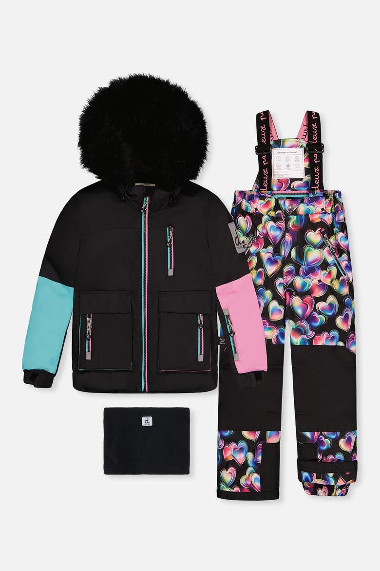 Play Colorblock Jacket & Heart Pants Two Piece Snowsuit, Main, color, Blue, Pink & Black Heart Print