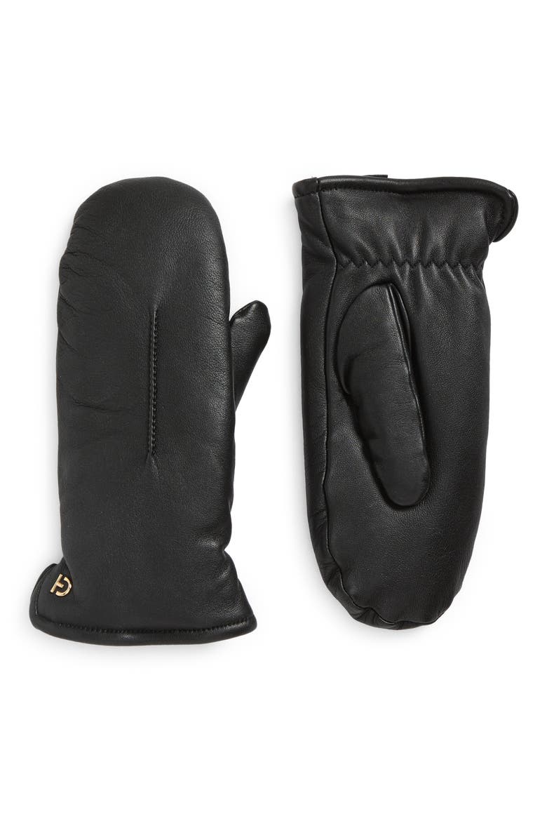 Faux Fur Lined Leather Mittens, Main, color, CAVIAR