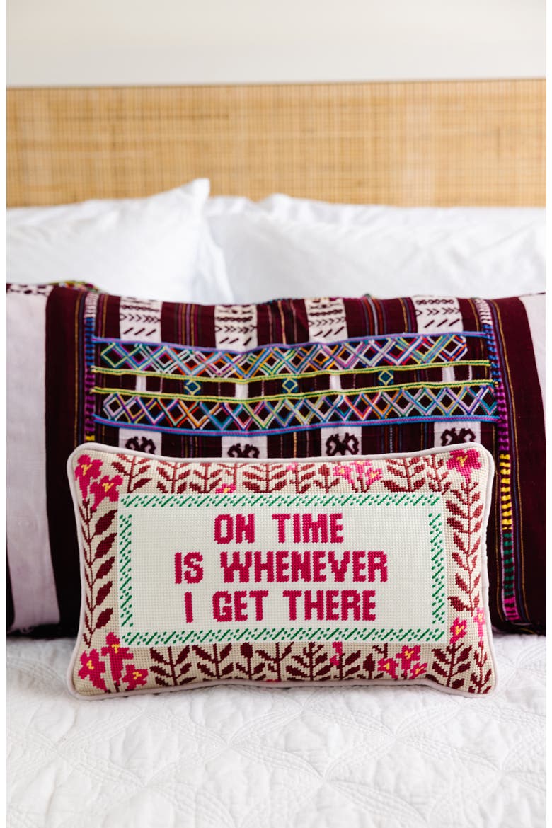 On Time Needlepoint Pillow, Alternate, color, Red, Beige, Ivory, Green