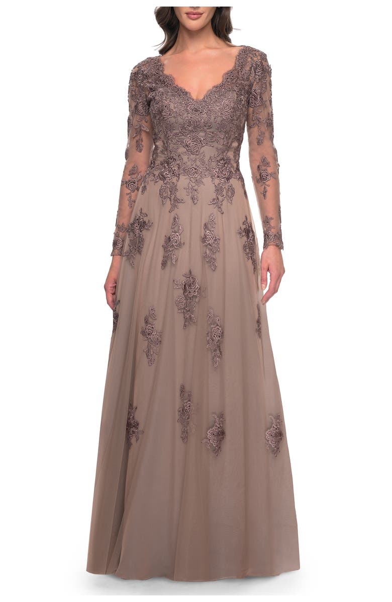 La Femme Long Sleeve Lace and Tulle Dress with V Neckline, Main, color, Cocoa