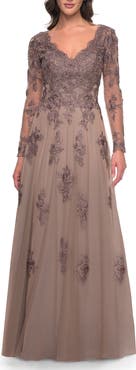 La Femme Long Sleeve Lace and Tulle Dress with V Neckline