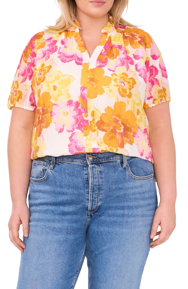 CeCe Ruffle Split Neck Short Sleeve Top, Main, color,