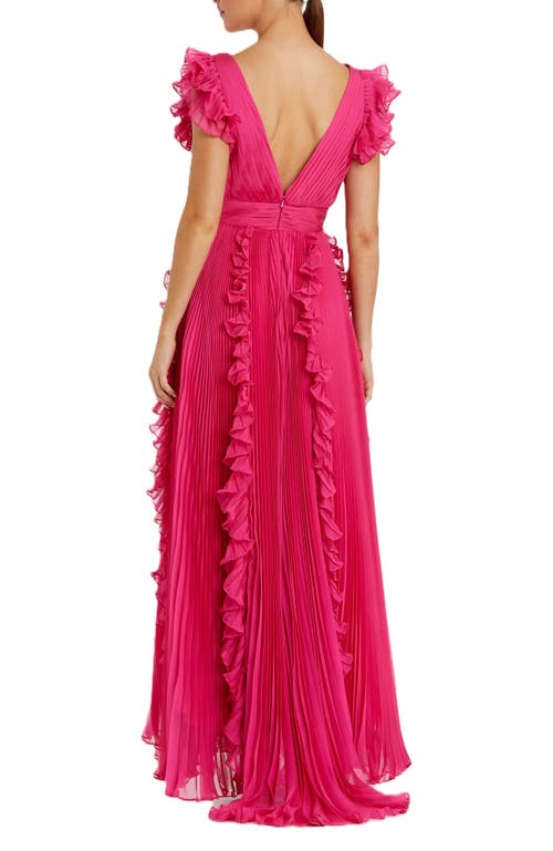 Mac Duggal Pleated Ruffle Cap Sleeve Flowy A Line Gown In Fuchsia
