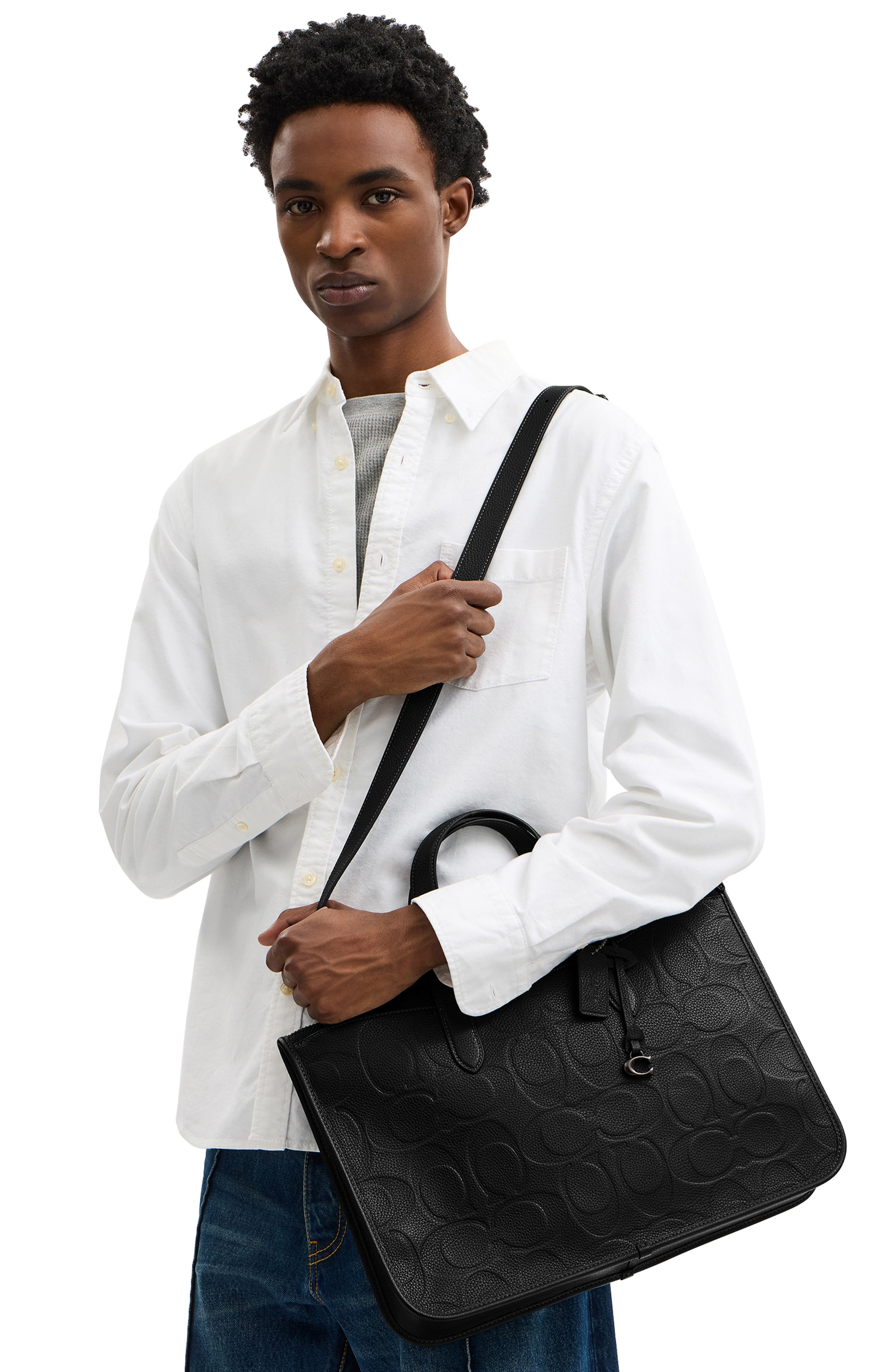 COACH Isaac Maxi Signature Embossed Leather Messenger Bag, Alternate, color, 